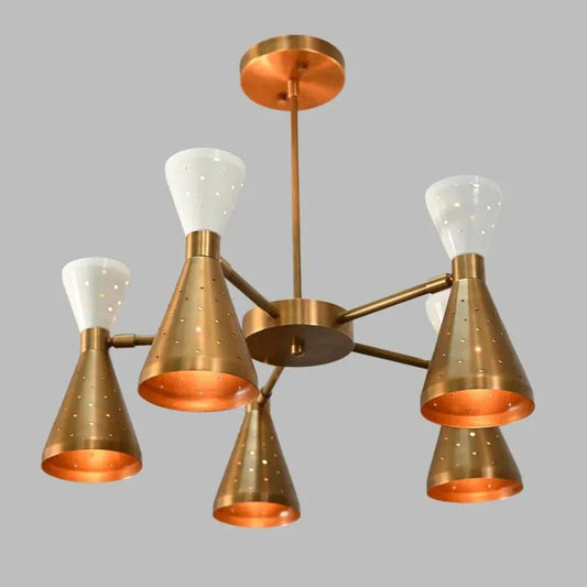Stilnovo Style Diabolo Perforated Shade Chandelier, Mid Century Modern Sputnik Brass Chandelier, Custom Ceiling Light Fixture 5 Arm 10 Light