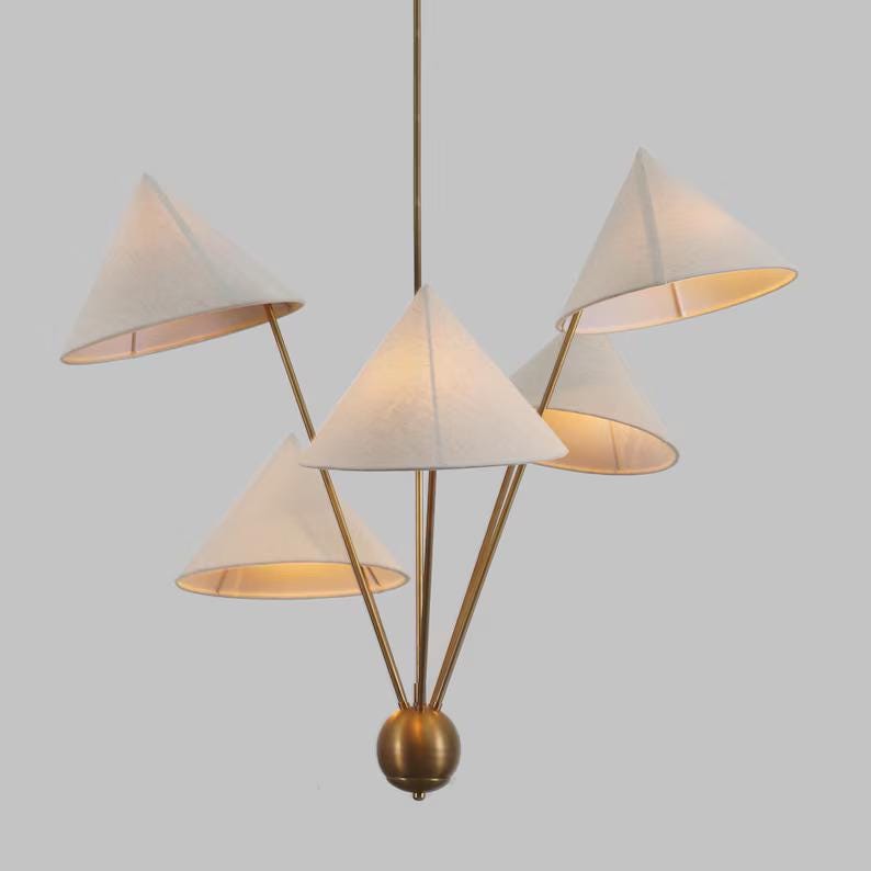 Italian Linen Shade Mantis Chandelier Brass Sputnik Chandelier, Mid Century Modern Conical Ceiling Light Fixture Art Deco Wabi Sabi 5 Lights