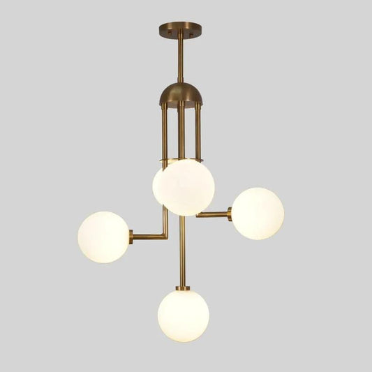Handcrafted Five Globes Mid Century Modern Sputnik Chandelier, Stilnovo Style Ceiling Light Fixture, Brass Frame Glass Globe Chandelier