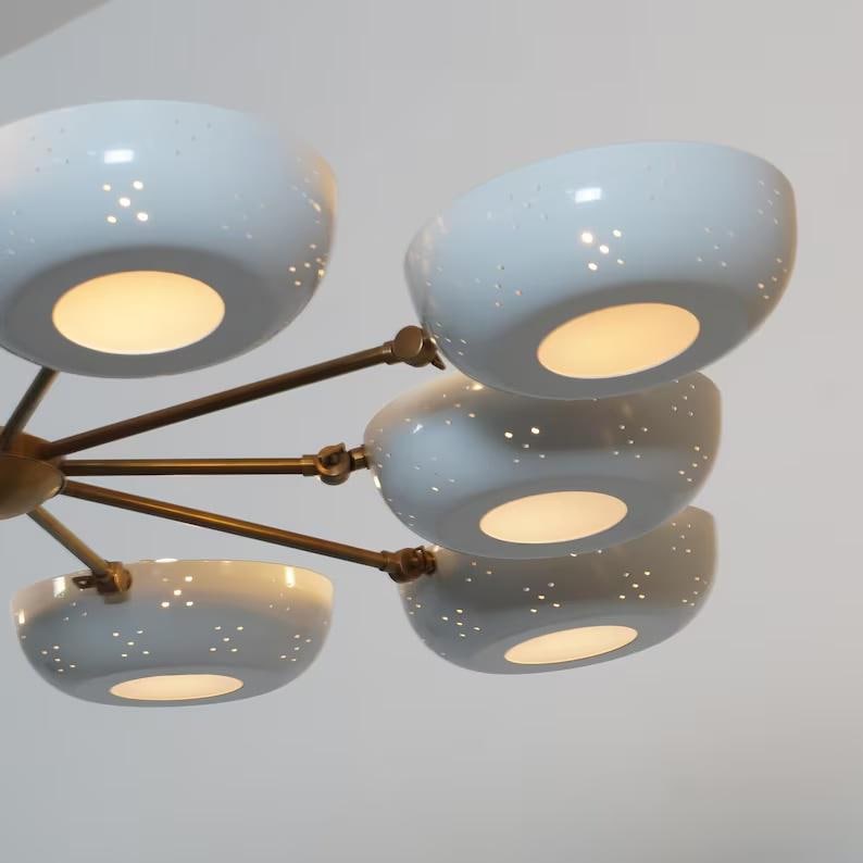 Flowerpetal Chandelier Perforated Bowl Shade Stilnovo Style, Mid Century Modern Pastel Flower Shape Brass Sputnik Ceiling Light Fixture