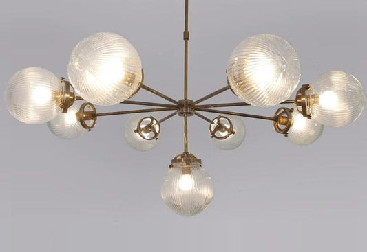 Mid Century Modern 9 Ribbed Glass Globe Chandelier, Handcrafted Lamp Ceiling Light, Brass Lights Glass Globe Design Pendant Light Fixture