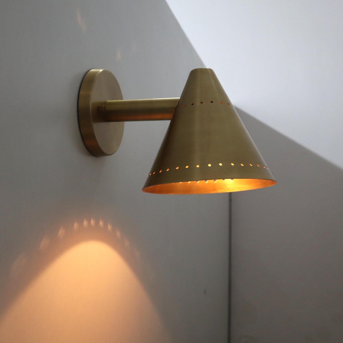 Perforated Conical Brass Pivot Wall Sconce, Mid Century Modern Handcrafted Raw Brass Industrial Style Wall Light Lamp