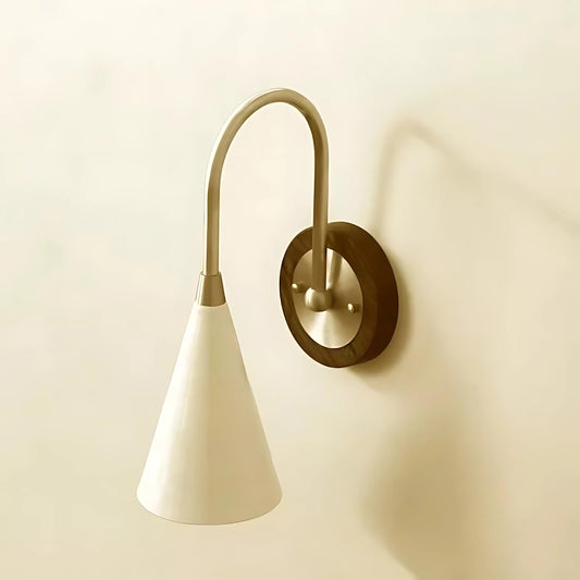 Salona Enamel Shade Brass Wall Sconce With Wood Canopy, Mid Century Modern Single Light Wall Lamp, Handmade Vintage European Inspired Light