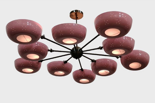 Stilnovo Style Flowerpetal Chandelier, Perforated Bowl Shade 10 Arm Brass Sputnik Chandelier, Mid Century Modern Pastel Flower Light Fixture