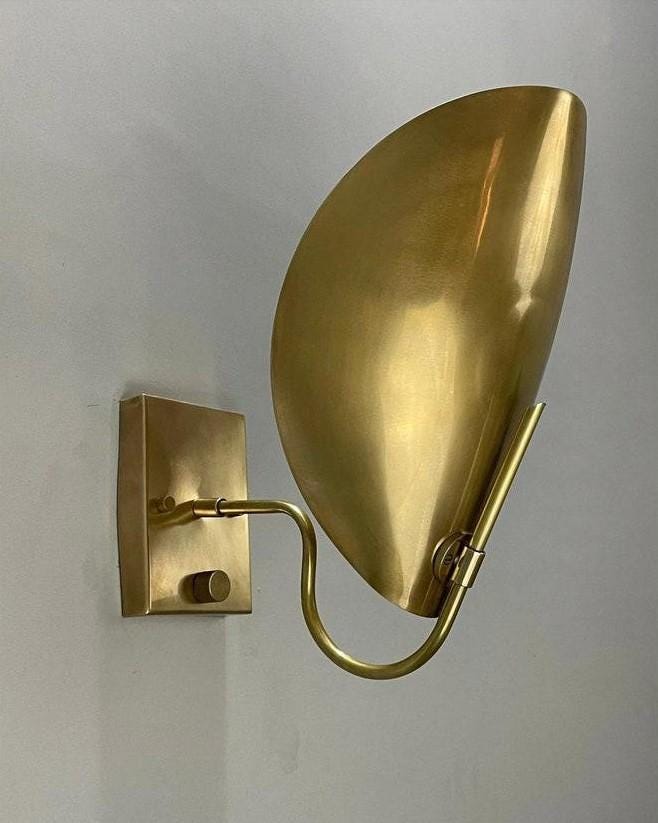 Mid Century Modern Italian Raw Brass Wall Sconce, Handcrafted Curved Disk Shade Vintage Inspired Light Fixture with Dimmer & on/off Switch