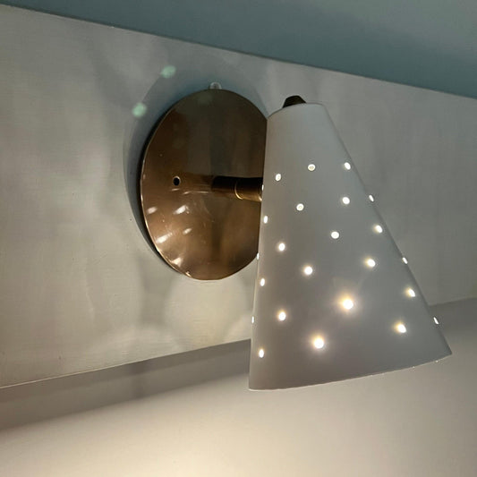 Perforated Conical Enamel Pivot Wall Sconce, Mid Century Modern Brass Single Light Wall Lamp, Handmade 1950s Style Adjustable Reading Lamp