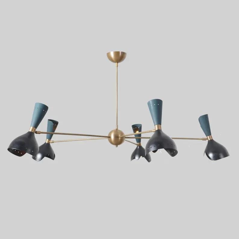 Large Stilnovo Style 5 Arms 10 Lights Raw Brass Sputnik Chandelier Light Fixture, Handcrafted Brass Chandelier, Unique Design Ceiling Light