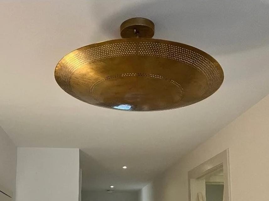 Perforated Dome Shape Rey Chandelier Semi Flush Mount Ceiling Light Fixture, Mid Century Modern Paavo Tynell Style 6 Light Brass Chandelier
