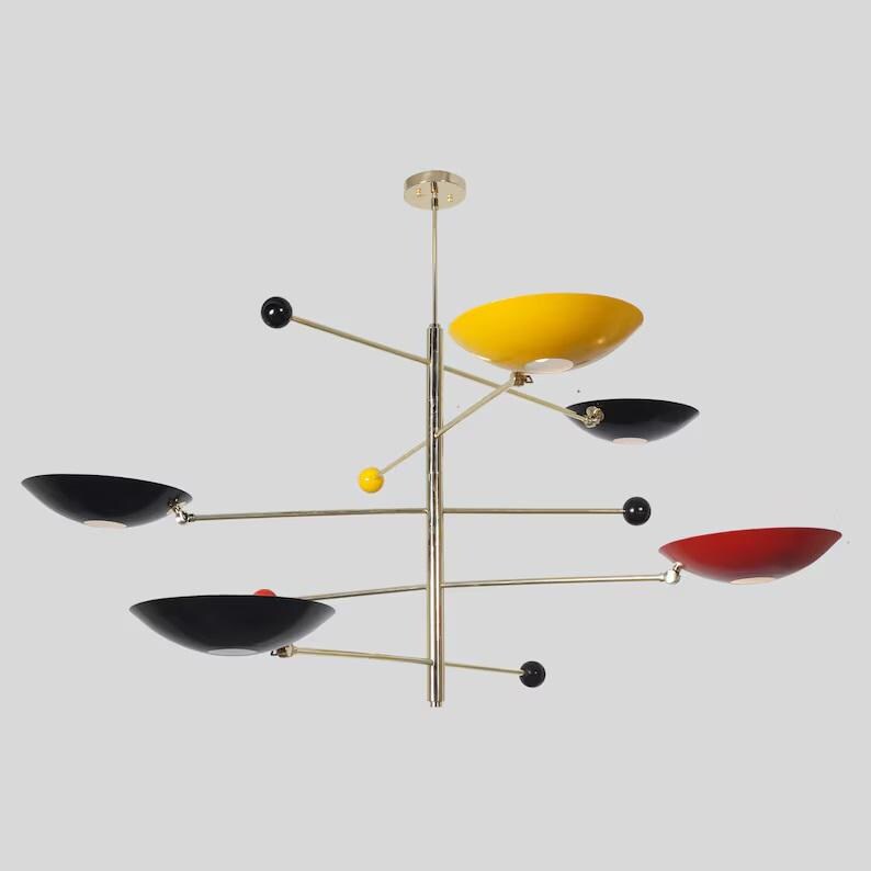 Stilnovo Style Counterbalance Multicolor Brass Chandelier, Mid Century Modern 5 Light Disk Shade Lamp, Counterweight Ceiling Light Fixture