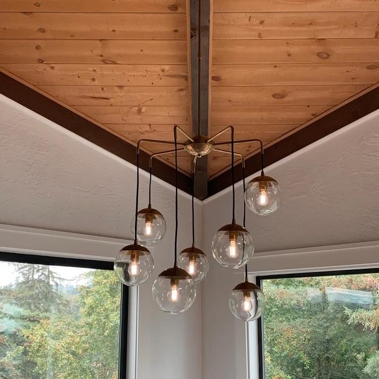 Mid Century Modern Bubbles Chandelier, Handcrafted Lamp Ceiling Lighting, Brass Lights Glass Globe Design Pendant Light Fixture