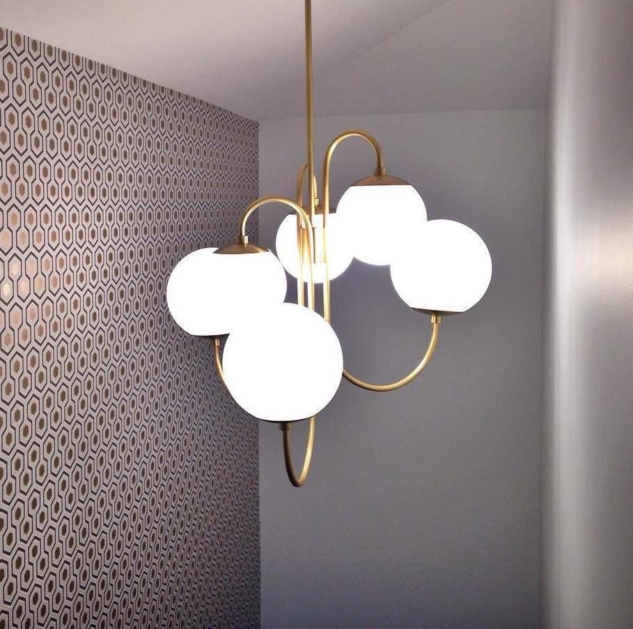 Mid Century Modern Bubble Gooseneck Chandelier 6 Globe, Handcrafted Lamp Ceiling Light Brass Light Globe Chandelier Design Light Fixture