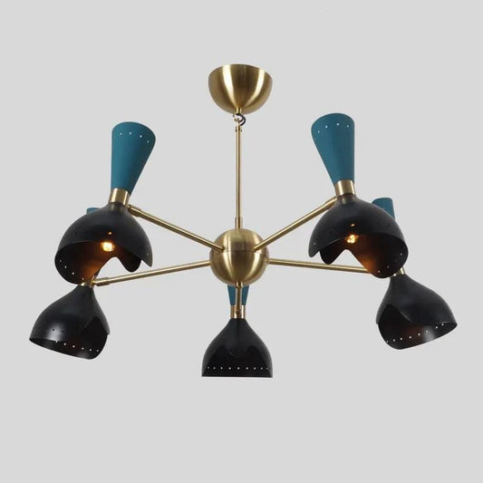 Silnovo Style Diabolo Cut-out Shade Chandelier, 5 Arm 10 Light Mid Century Italian Sputnik Chandelier, Handmade Brass Ceiling Light Fixture