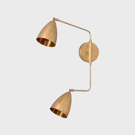 Dual Light Shades Bedside Wall Lamp, Twin Light Curved Arm Vintage Handcrafted Pendant Light Custom Brass Wall Sconce