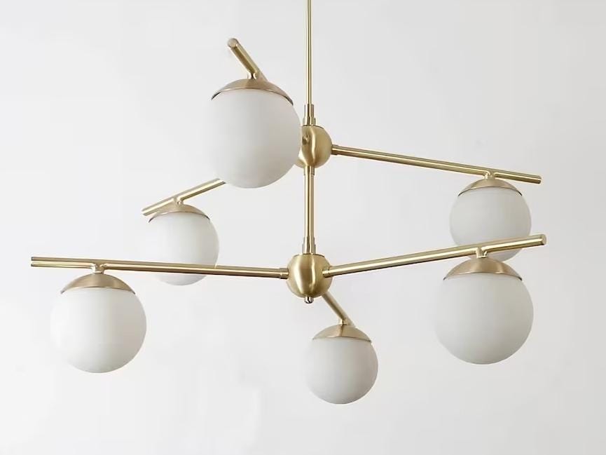 6 Globe Mid Century Modern Sputnik Chandelier, Handcrafted Bubble Glass Ceiling Light, Brass Chandelier Glass Globe Pendant Light Fixture
