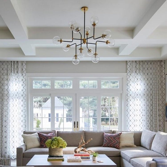 Mid Century Modern Bistro Glass Globe Large Chandelier, Handcrafted Brass Ceiling Light, 12 Glass Globe Custom Design Sputnik Light Fixture