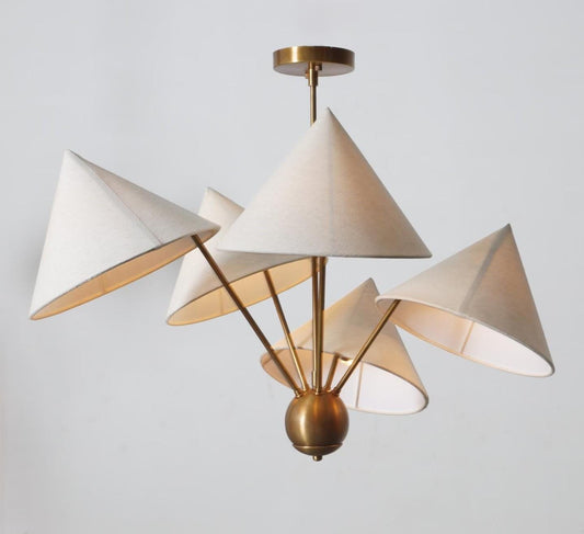 Italian Style Linen Mantis Chandelier Brass Sputnik Chandelier, Mid Century Modern Conical Ceiling Light Fixture Art Deco Wabi Sabi 5 Lights