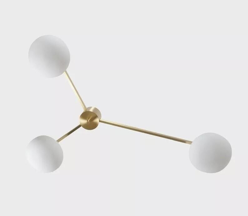 Mid Century Lelii Style Brass Chandelier Flush Mount Low Ceiling Chandelier Vintage Design Italian Style 3 Arm Globe Pendant Light Fixture