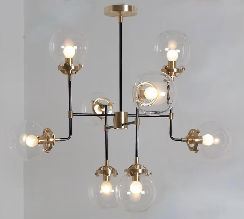 Mid Century Modern Bistro Globe Chandelier, Handcrafted Brass Bubble Ceiling Light, Modern 8 Glass Globe Hanging Light Fixture Art Deco