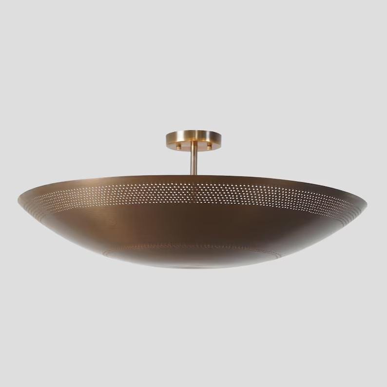 Perforated Dome Shape Rey Chandelier Semi Flush Mount Ceiling Light Fixture, Mid Century Modern Paavo Tynell Style 6 Light Brass Chandelier