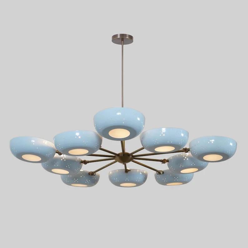 Flowerpetal Chandelier Perforated Bowl Shade Stilnovo Style, Mid Century Modern Pastel Flower Shape Brass Sputnik Ceiling Light Fixture