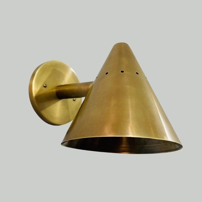 Conical Shape Solid Brass Wall Sconce, Mid Century Modern Handcrafted Raw Brass Industrial Style Wall Light Lamp