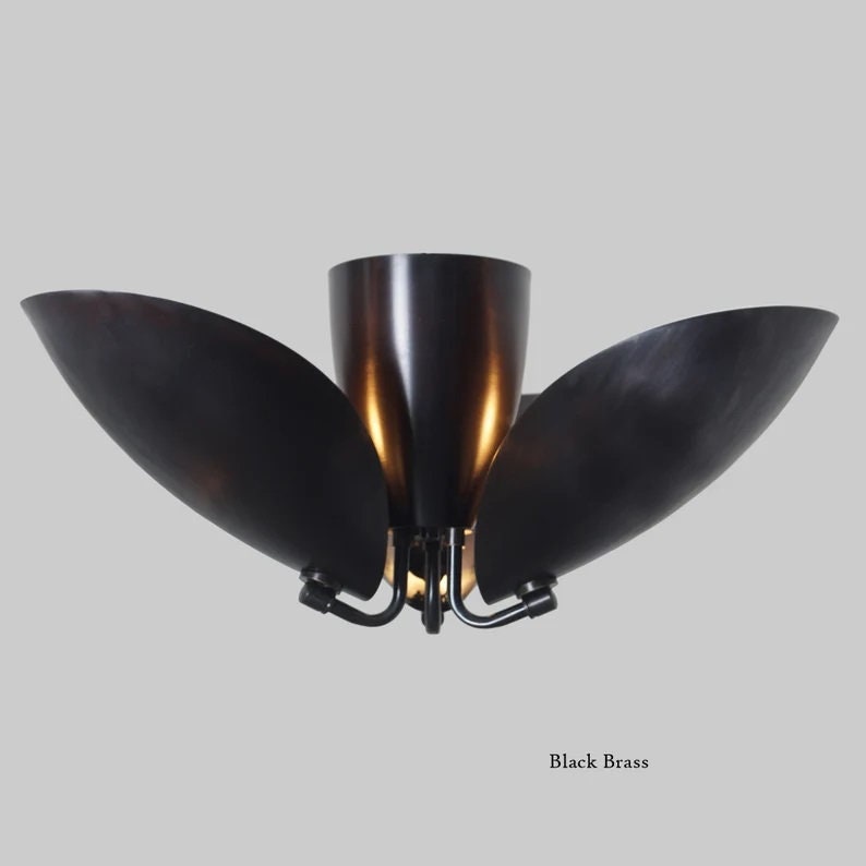 Beetle Disk Shade Ceiling Flush Mount Brass Pendant Light Fixture, Handcrafted Mid Century Modern Turtle Chandelier Three Lights