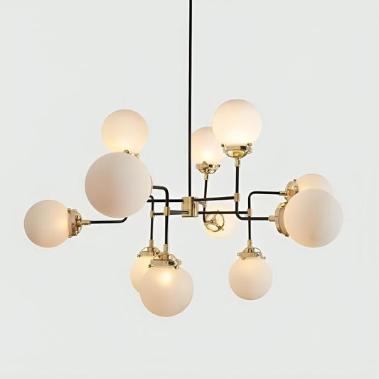 Large Bistro Glass Globe Mid Century Modern Chandelier, Handcrafted Brass Ceiling Light, Modern 12 Glass Globe Design Hanging Light Fixture