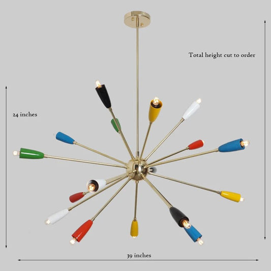 Colorful Multi Shade Sputnik Chandelier, Mid Century Style Brass Chandelier Pendant Ceiling Light, Showroom Entrance Living Hallway