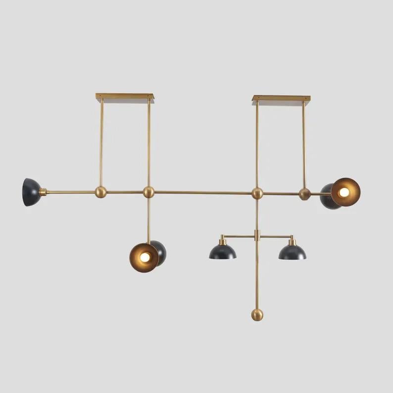 Asymmetrical Structure Dome Shade Hanging Chandelier, Mid Century Modern Seven Lights Bowl Shade Brass Sputnik Ceiling Light Fixture