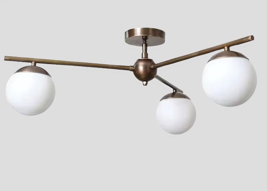 Mid Century Modern 3 Bubble Glass Globe Sputnik Brass Chandelier, Handcrafted Modern Sputnik Lamp Ceiling Light Glass Globe Light Fixture