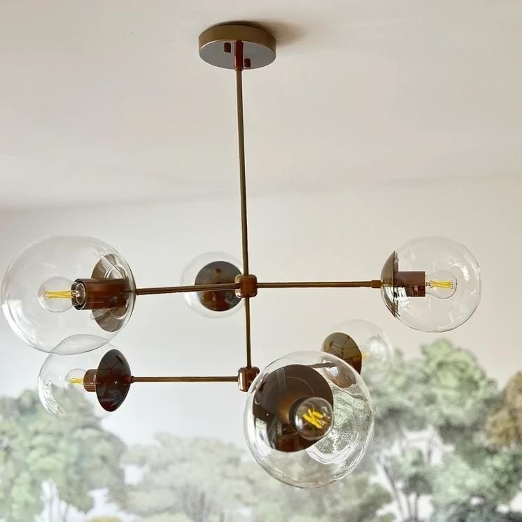 Midcentury Modern 6 Globe Sputnik Chandelier, Handcrafted Brass Sputnik Lamp Ceiling Light, Glass Globe Design Pendant Light Fixture