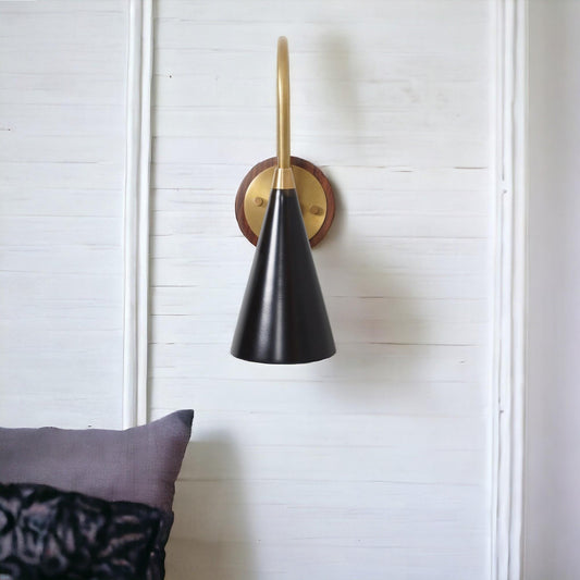 Salona Enamel Shade Brass Wall Lamp With Wood Canopy, Mid Century Modern Single Light Wall Sconce, Handmade Vintage European Inspired Light