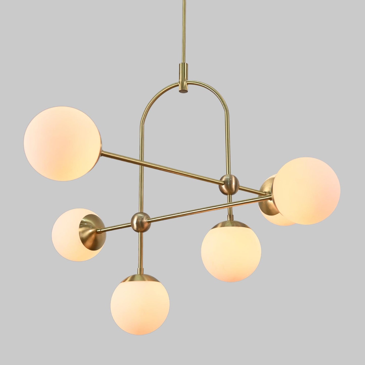 Elegant Arco Brass Globe Chandelier, Mid Century Modern Brass High Ceiling Light Fixture, Glass Globes Dreamy Bubble Chandelier 6 Lights