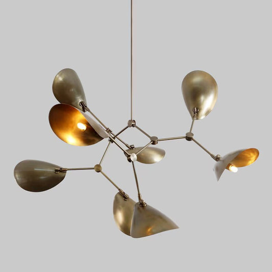 Mid Century Modern Stingray Brass Chandelier, Handcrafted 8 Arm Sputnik Light Fixture, Custom Curved Disk Multi Shade Large Ceiling Light