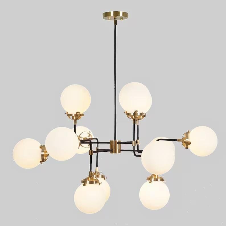 Mid Century Modern Bistro Glass Globe Large Chandelier, Handcrafted Brass Ceiling Light, 12 Glass Globe Custom Design Sputnik Light Fixture