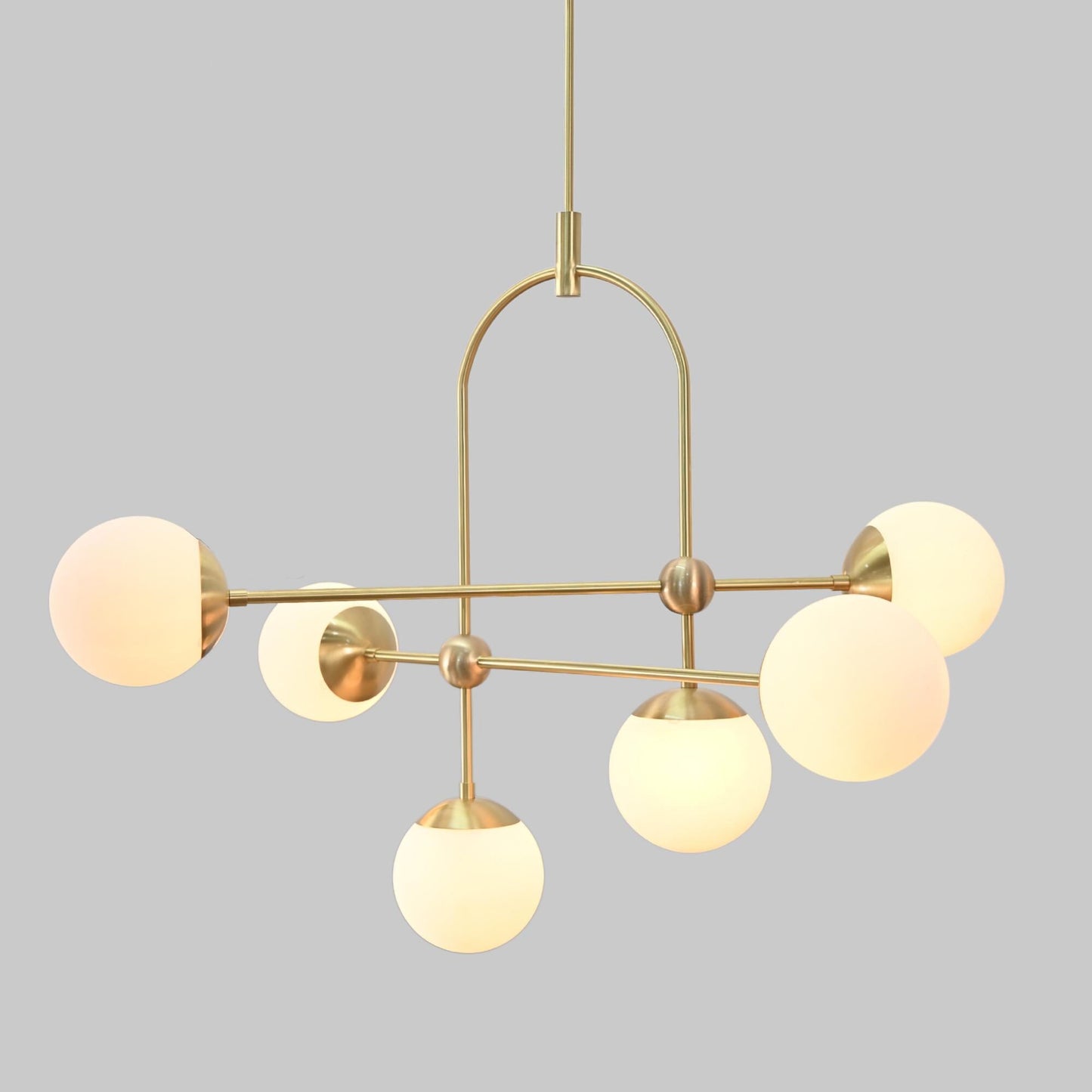 Elegant Arco Brass Globe Chandelier, Mid Century Modern Brass High Ceiling Light Fixture, Glass Globes Dreamy Bubble Chandelier 6 Lights