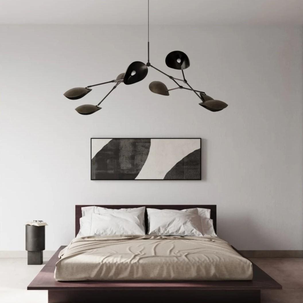 Stingray Brass Mid Century Modern Chandelier, Handcrafted 8 Arm Sputnik Light Fixture, Custom Curved Disk Multi Shade Large Ceiling Light