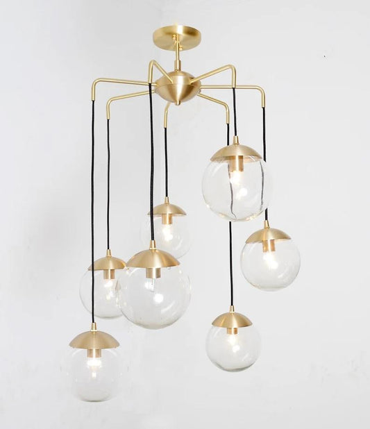 Mid Century Modern Bubbles Chandelier, Handcrafted Lamp Ceiling Lighting, Brass Lights Glass Globe Design Pendant Light Fixture