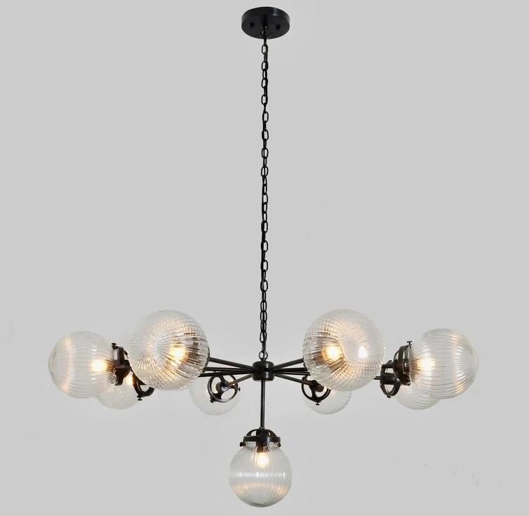 Mid Century Modern 9 Ribbed Glass Globe Chandelier, Handcrafted Lamp Ceiling Light, Brass Lights Glass Globe Design Pendant Light Fixture