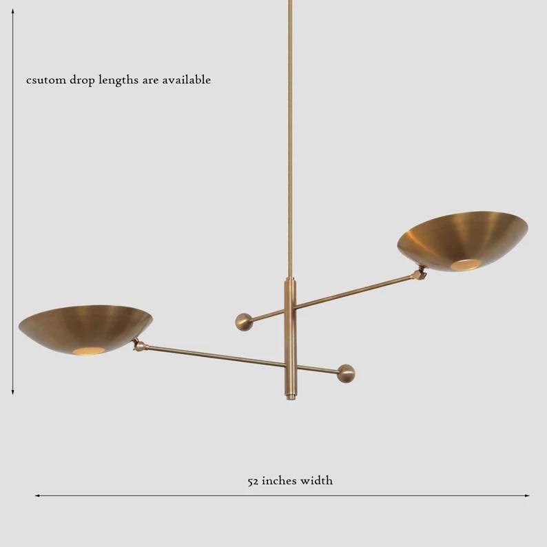 2 Shade Counterbalance Disk Brass Chandelier, Mid Century Modern Stilnovo Style Counterweight Brass Ceiling Light Fixture Sputnik Chandelier
