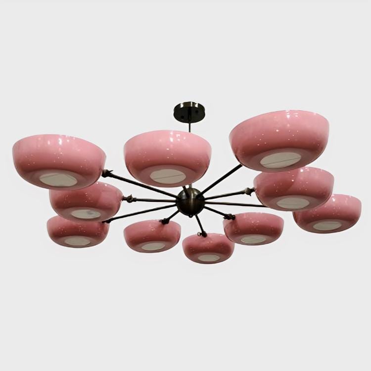 Stilnovo Style Flowerpetal Chandelier, Perforated Bowl Shade 10 Arm Brass Sputnik Chandelier, Mid Century Modern Pastel Flower Light Fixture