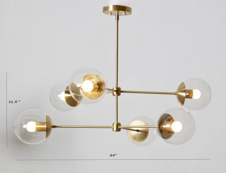 Midcentury Modern 6 Globe Sputnik Chandelier, Handcrafted Brass Sputnik Lamp Ceiling Light, Glass Globe Design Pendant Light Fixture