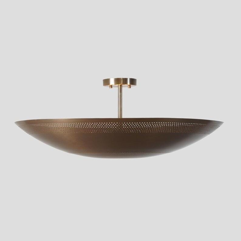 Perforated Dome Shape Rey Chandelier Semi Flush Mount Ceiling Light Fixture, Mid Century Modern Paavo Tynell Style 6 Light Brass Chandelier