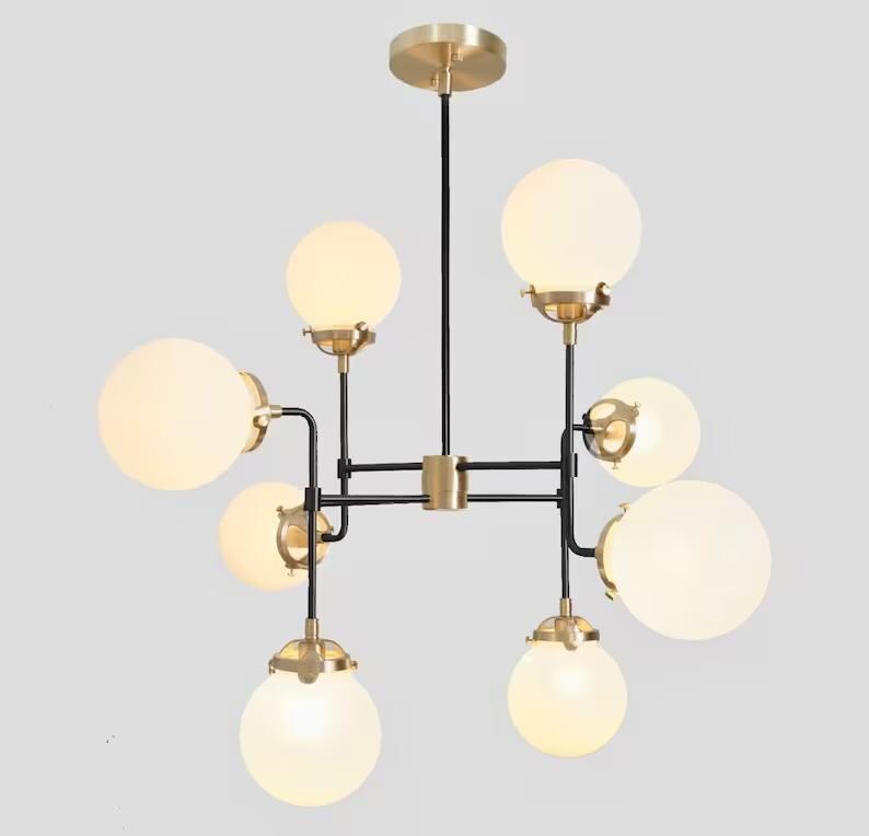 Mid Century Modern Bistro Globe Chandelier, Handcrafted Brass Bubble Ceiling Light, Modern 8 Glass Globe Hanging Light Fixture Art Deco