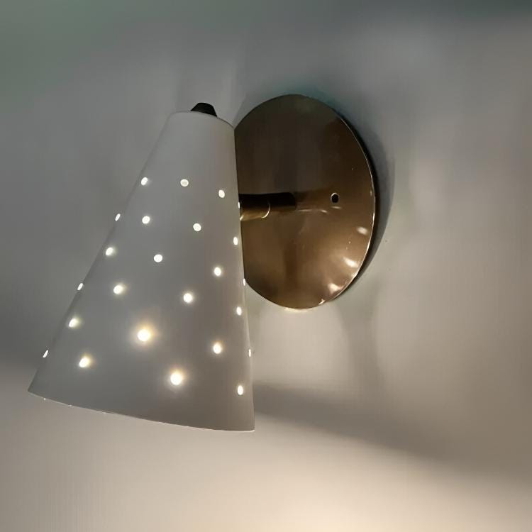 Perforated Conical Enamel Pivot Wall Sconce, Mid Century Modern Brass Single Light Wall Lamp, Handmade 1950s Style Adjustable Reading Lamp