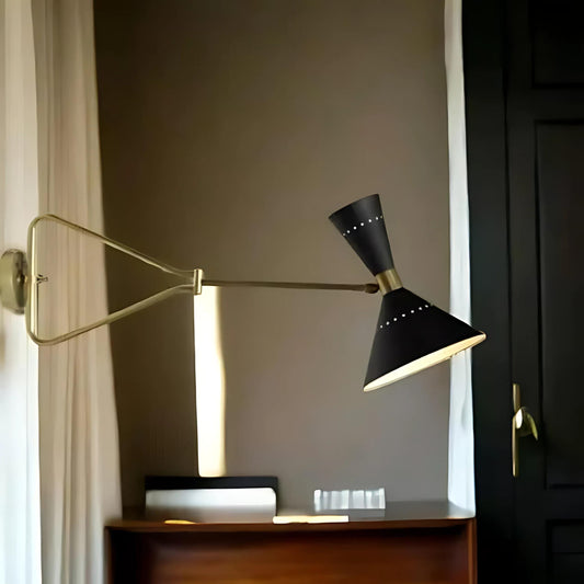 Stilnovo Adjustable Swing Arm Wall Light, Mid Century Modern Italian Diabolo Cone Shape Brass Wall Sconce, Industrial Design Reading Lamp