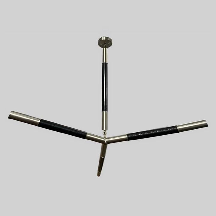 Arrow Shape Leather Slingshot Chandelier, Minimalist Asymmetrical Brass Ceiling Light Fixture, Contemporary Design Statement Three Arm Lamp