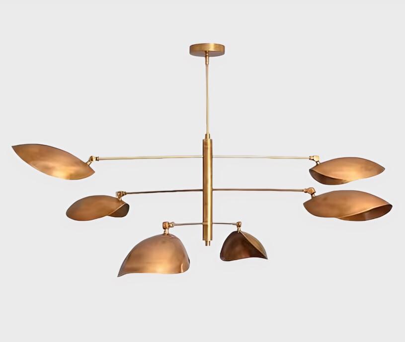 Mid Century Modern Curved Disk Chandelier, 6 Light Leaf Shade Sputnik Brass Chandelier, Handmade Italian Style Vintage Ceiling Light Fixture