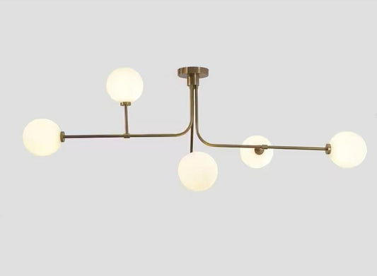 Twisted Semi Flush Mount Globe Chandelier, Mid Century Modern Italian Contemporary Design Five Globe Chandelier Brass Ceiling Light Fixture