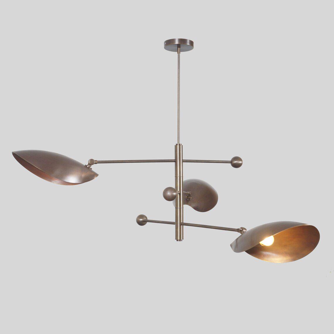 Italian Style Counterbalance Curved Shape Ceiling Lamp, Counterweight 3 Shade Brass Chandelier, Mid Century Modern Light 1960s Inspired